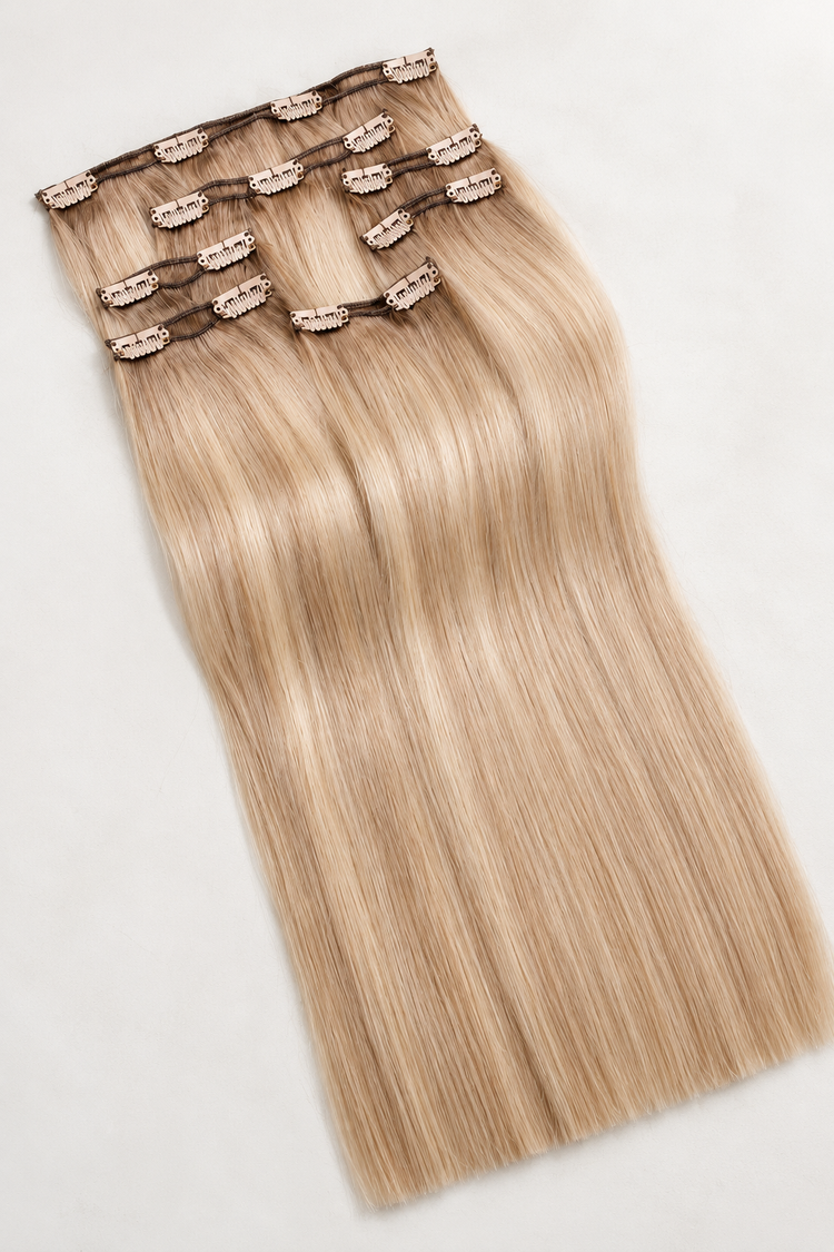 Blond lasni podaljški clip-in z vidnimi sponkami in polnimi konicami.