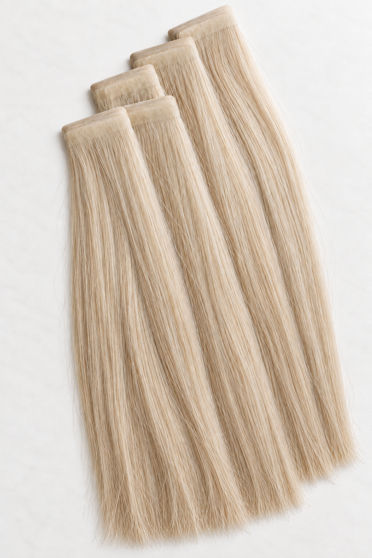 Dolgi blond podaljški Invisible tape-in s tankimi nastavki na lepilnih trakovih.