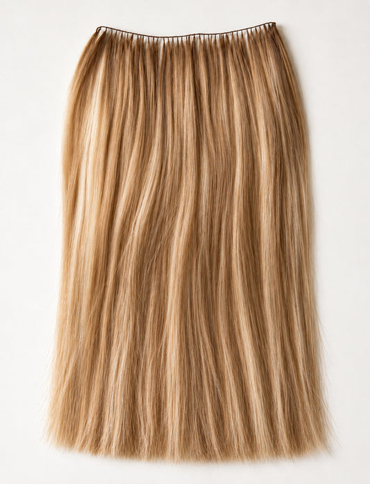 Dolg lasni trak Feather Weft v toplem blond odtenku s tankim zgornjim robom.