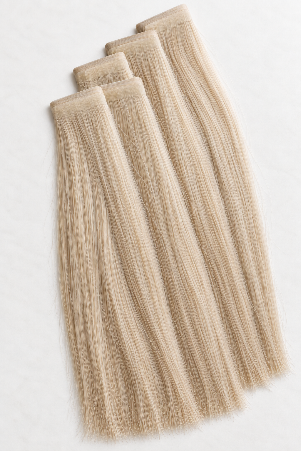 Dolgi blond podaljški Invisible tape-in s tankimi nastavki na lepilnih trakovih.