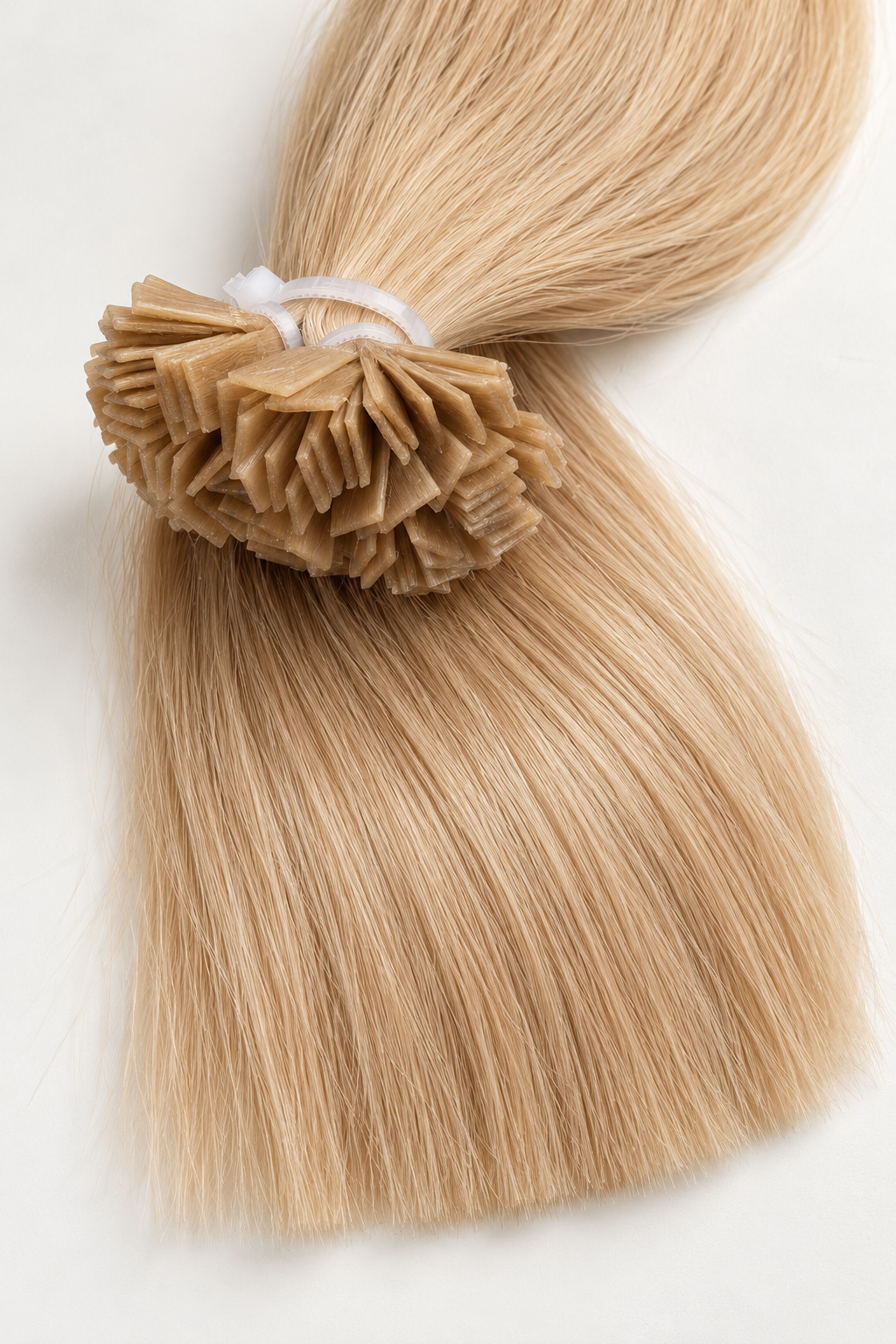 Blond lasni podaljški K-tip s ploščatimi keratinskimi spoji.