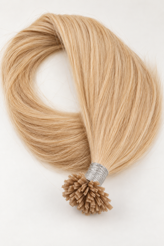 Blond podaljški Mini K-tip z majhnimi ploščatimi keratinskimi spoji.